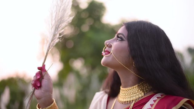 An Indian newly wed woman plays with a white flowered grass in a field at sunset or sunrise