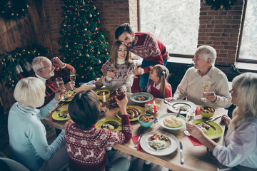 High above angle view merry noel family gathering friends couple