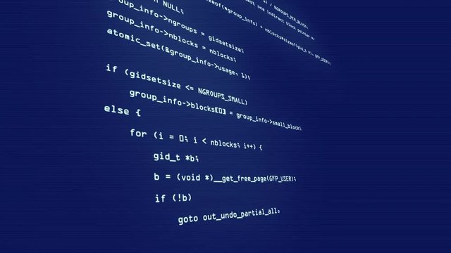 Side view from software source code parts with white characters. Programming code running down in terminal