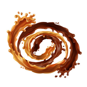 Vector 3d realistic swirl of hot chocolate and stream of caramel. Brown liquid food with splashes isolated on white background. Creamy pouring elements for package design, ad posters or promo banners.