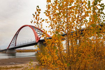 Autumn landscape, the bridge over the river.