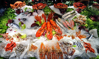 Seafood buffet of fish, lobsters and prawns on ice, displayed in restaurant.