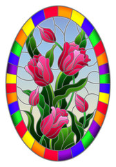 Illustration in stained glass style with a bouquet of pink tulips on a blue background in a bright frame, oval image