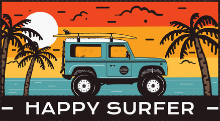 Surfing Logo Emblem. Vintage hand drawn travel badge, poster. Featuring surf car riding on the beach and sea landscape. Happy Surfer quote. Stock vector summer beach insignia