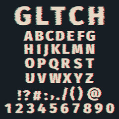 Glitch alphabet distorted font letters and numbers. Vector set with broken pixel effect,old distorted TV matrix effect.