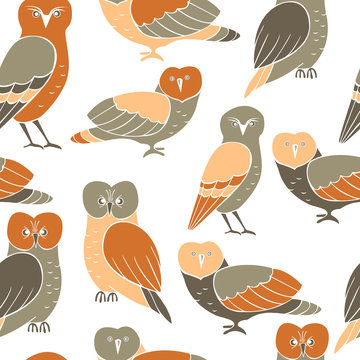Owls on white  background. Vector seamless pattern