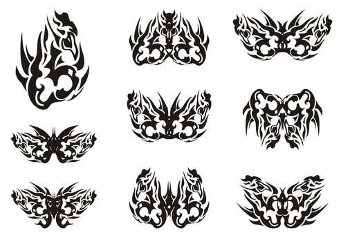 Black and white tribal butterfly wings tattoos. Unusual patterns in wings of the flaming decorative butterflies. Ethnic butterflies for your design