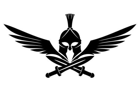 Spartan helmet with swords and wings on a white background.