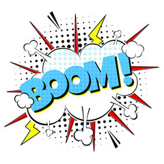 Comic lettering speech bubble for emotion with text BOOM! comic style flat design. Dynamic pop art illustration isolated on white background.