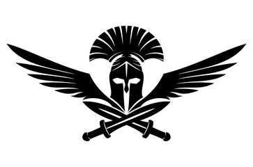 Spartan helmet with swords and wings on a white background. - obrazy, fototapety, plakaty