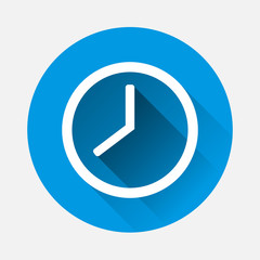 Clock icon on blue background. Flat image clock with long shadow. Layers grouped for easy editing illustration. For your design.