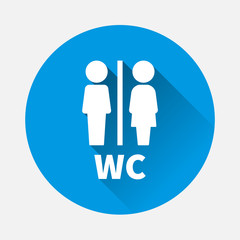 Vector icon of toilet on blue background. Flat image pllate on the door wc with long shadow. Layers grouped for easy editing illustration. For your design.