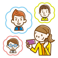 Fototapeta premium 恋人を探す若い女性 手描き風