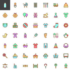 Obraz premium Newborn baby filled outline icons set, line vector symbol collection, linear colorful pictogram pack. Signs, logo illustration, Set includes icons as Baby bottle, Pacifier, Pram, Teddy bear, Diaper