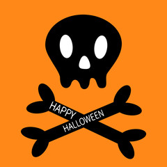 Happy Halloween. Skull with bone crosswise icon shape. White crossbones. Skeleton body part sign symbol. Cute cartoon simple character. Pirate flag element Orange background Isolated Flat design