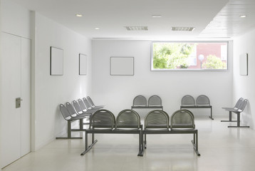 Public building waiting area. Hospital interior detail. Nobody