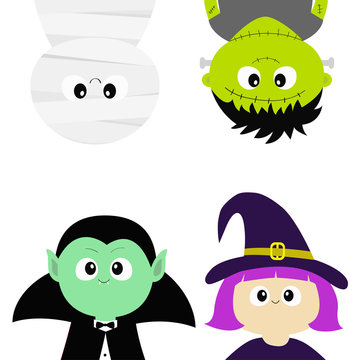 Happy Halloween. Vampire count Dracula, Mummy, whitch hat, zombie round face head body icon set. Hanging upside down. Cute cartoon funny spooky baby character. Flat design White background.