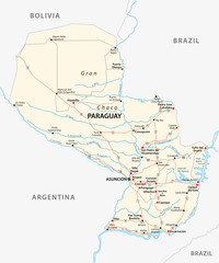detailed republic of paraguay road vector map - obrazy, fototapety, plakaty