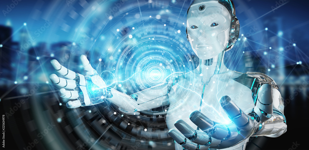 Aufkleber white woman humanoid using digital global network 3d rendering