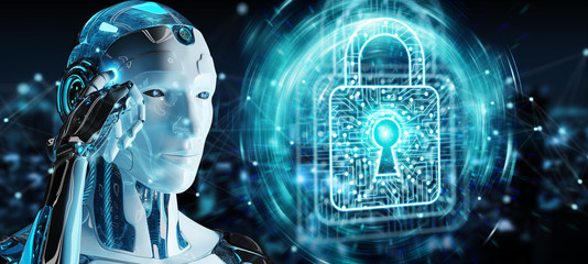 White man robot securing digital datas 3D rendering