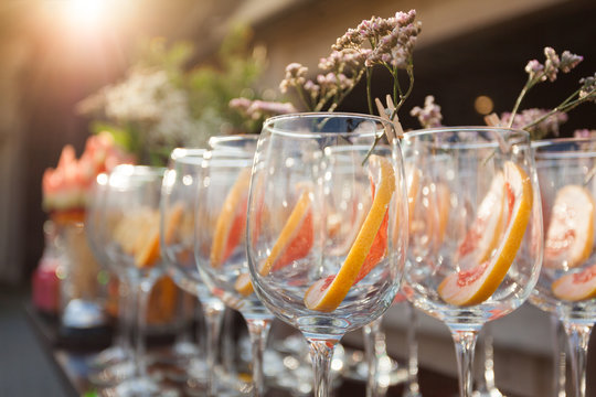 Empty Wineglasses With Decorating On Corporate Event