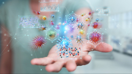 Businesswoman analyzing bacteria microscopic close-up 3D rendering