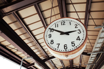 Antique Clock Hang on Platform in Train Station      