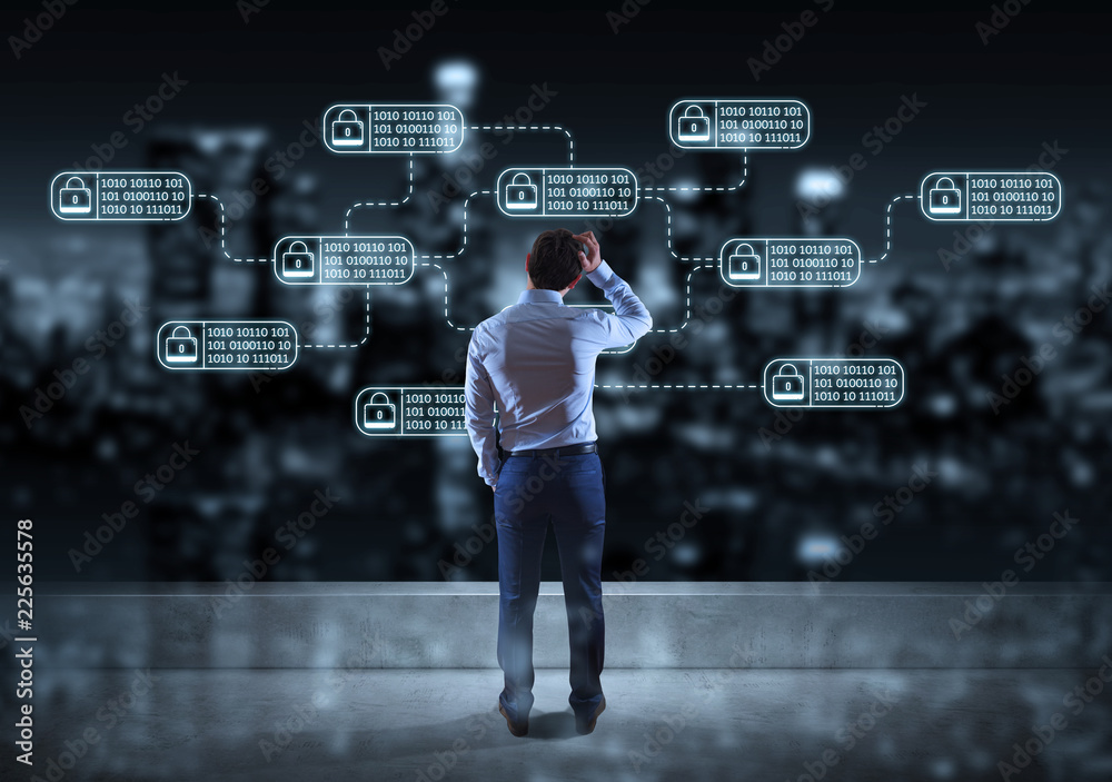 Poster businessman watching thin line web security interface