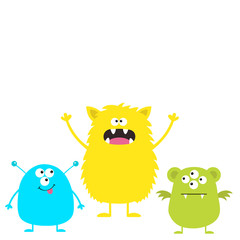 Three colorful monster set. Head face. Cute cartoon scary character. Baby collection. Eyes, tongue horns. Happy Halloween template. White background. Isolated. Flat design.