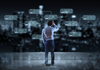 Businessman watching thin line web security interface