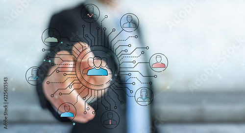 Businessman using thin line social network icons interface