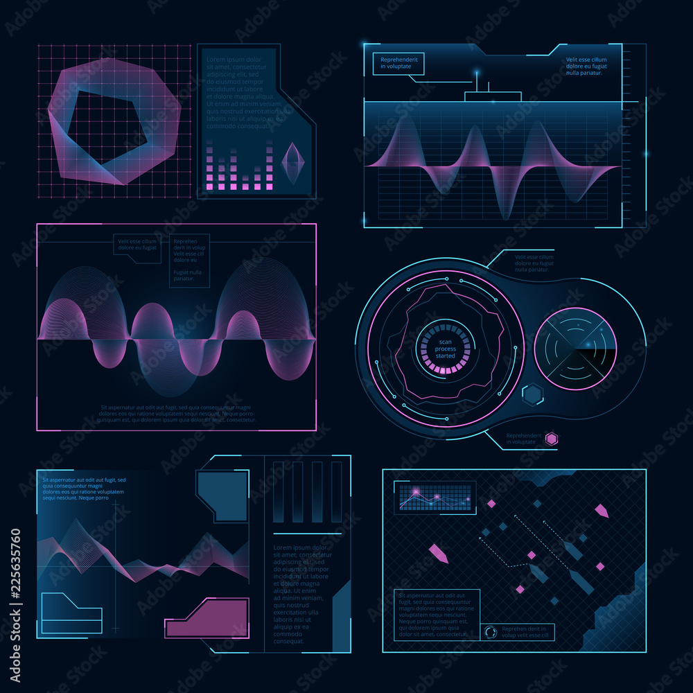 Poster Modern digital symbols of web ui. Vector pictures set for design projects. Digital technology ui interface, modern hud screen illustration