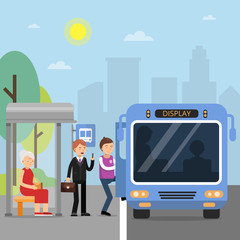 Public autobus station with passengers wich sit in the bus. Transportation public, transport station with passenger. Vector illustration © ONYXprj