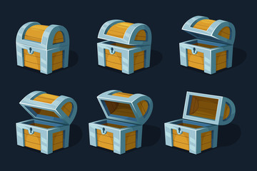 Various key frames animation of wooden chest or box. Vector cartoon pictures wood ancient box closed illustration