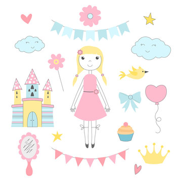 Hand drawn pictures for kids. Princess with her fairy tale castle. Vector princess and castle, fantasy fairy tale illustration