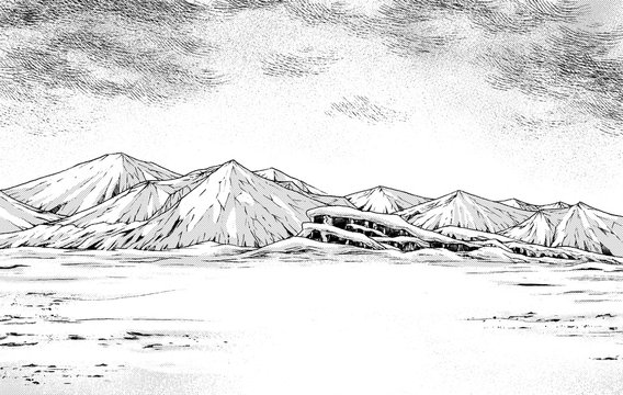 漫画風ペン画イラスト　雪山
