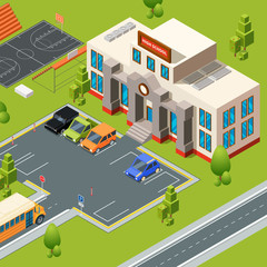 Exterior of school. Territory of institute or high school with stadium. Isometric building school and college, education territory. Vector illustration