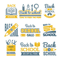 Back to school labels set. Vector monochrome badges isolate. Back to school learning study, insignia emblem sale illustration