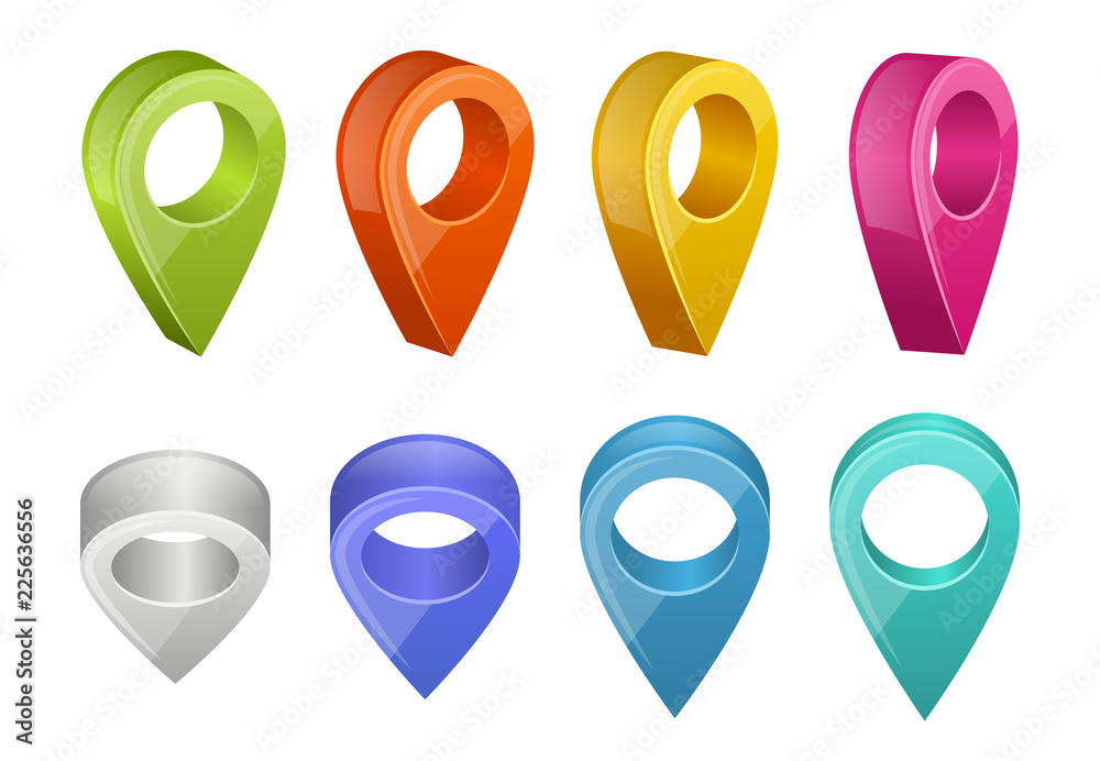 Poster colored map pointers. various colors of gps navigation pointers. vector pointer position place, gps 