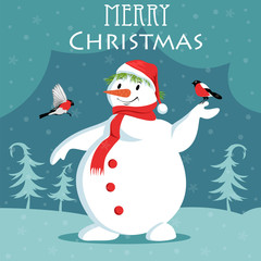 Christmas snowman in the forest with bullfinches