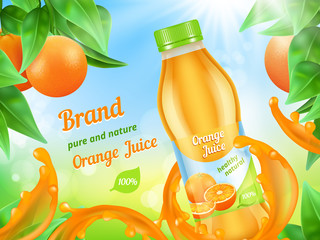 Juice advertizing poster. Realistic illustration of juice fruits plastic bottle in splashes. Fruit bottle juice, healthy splash beverage vector