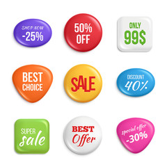 Sale badges. Labels of best offers and sales. Price label badge, only promo, super sale. Vector illustration