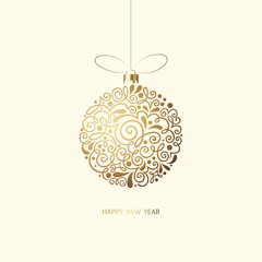 Happy New Year greeting card with golden Christmas ball.
