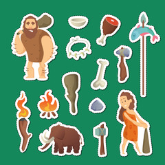 Cave people elements. Vector cartoon cavemen stickers set illustration. Mammoth ancient, prehistoric and primitive