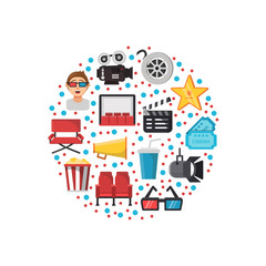 Vector flat cinema icons in circle shape with confetti illustration. Movie film icon, video entertainment with popcorn