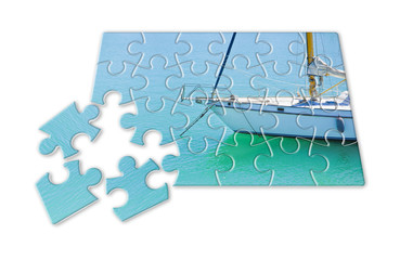 Learning to ride on a sailboat step by step - concept image in puzzle shape