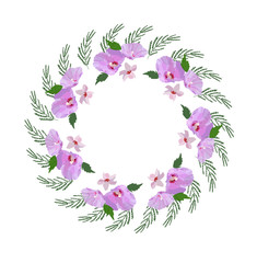 Floral design wreath, with hibiscus flowers and leaves hand drawn. Colorful vector illustration