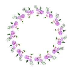 Fototapeta na wymiar Floral design wreath, with hibiscus flowers and leaves hand drawn. Colorful vector illustration