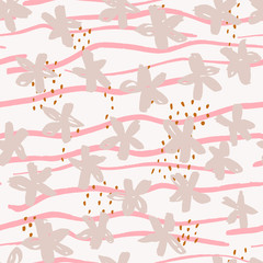 Marker flowers, dashes and stripes vector seamless pattern. Floral background in primitive, childish doodle style.