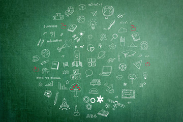 Freehand doodle chalk drawing in circle form on green chalkboard textured background.